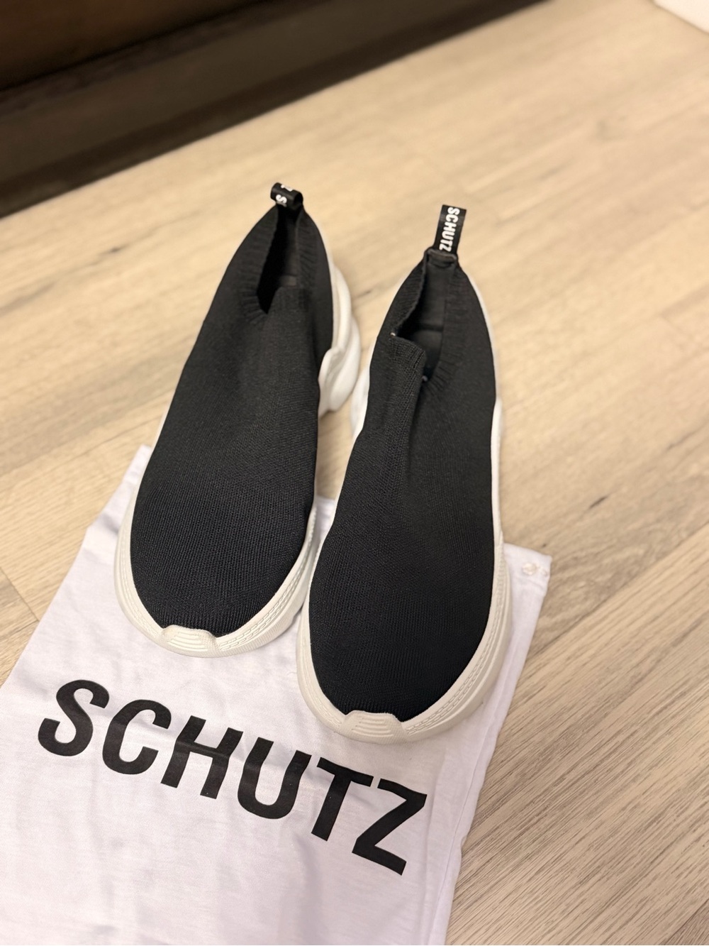 SCHUTZ Black Knit Slip-On Sneakers with White Sole